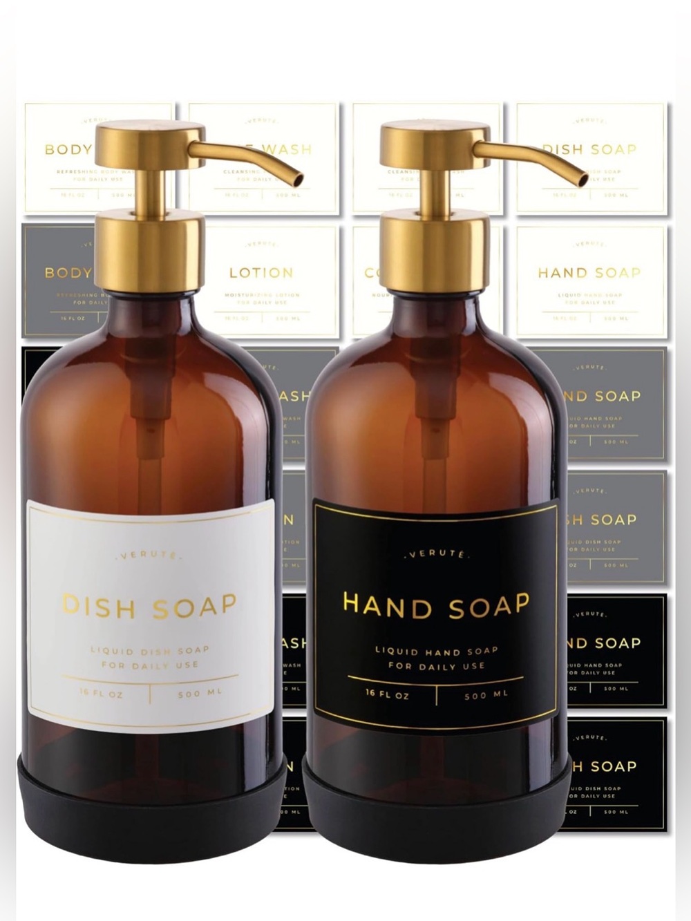 NWT Amber Glass Hand & Dish Soap Set with Gold Pumps-Labels-16oz-Stainless